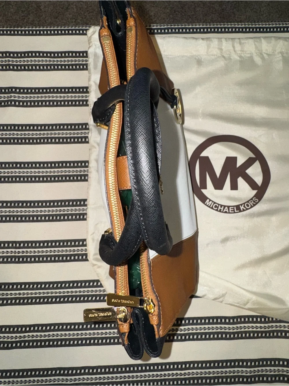 Michael Kors Brown, White & Black Saffiano Colorblock Satchel